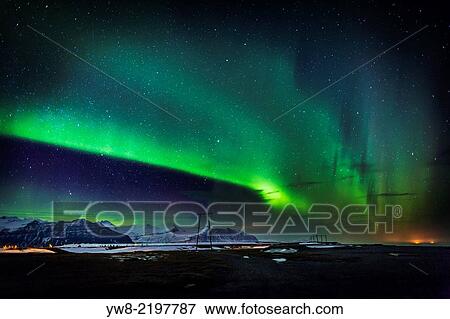 Stock Photo - Aurora Borealis or Northern lights, Vatnajokull Ice Cap, Iceland.. Fotosearch