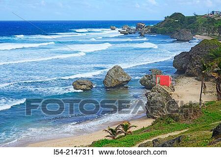Stock Image - Bathsheba Beach Atlantic Ocean Barbados Caribbean Cruise Norwegian Sun Lesser Antilles.. Fotosearch