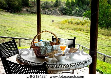Breakfast outdoors at a patio table overlooking a pasture with a Plain´s zebra in distance, Zebra Cottage guesthouse, Remhoogte Winery Estate, Stellenbosch, Winelands, Western Cape, South Africa. View Large Photo Image Picture - Breakfast outdoors at a patio table overlooking a pasture with a Plain´s zebra in distance, Zebra Cottage guesthouse, Remhoogte Winery Estate, Stellenbosch, Winelands, Western Cape, South Africa.. Fotosearch