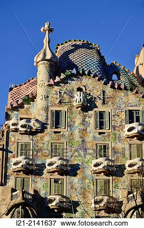 Casa Batllo (Batllo House). Designed by Antoni Gaudà (1905-1907). Passeig de Grà cia. Barcelona, Catalonia, Spain. View Large Photo Image Stock Photo - Casa Batllo (Batllo House). Designed by Antoni Gaudà (1905-1907). Passeig de Grà cia. Barcelona, Catalonia, Spain.. Fotosearch