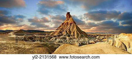 Stock Photo - Castildeterra rock formation in the Bardena Blanca area of the Bardenas Riales Natural Park, Navarre, Spain.. Fotosearch