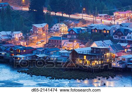 Chile, Chiloe Island, Castro, palafito stilt houses, elevated view. View Large Photo Image Picture - Chile, Chiloe Island, Castro, palafito stilt houses, elevated view.. Fotosearch
