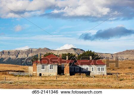Stock Photograph - Chile, Magallanes Region, Puerto Natales, Frigorifico Bories, buildings of old meat refrigeration plant, exterior.. Fotosearch
