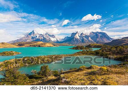 Chile, Magallanes Region, Torres del Paine National Park, Lago Pehoe, morning landscape. View Large Photo Image Stock Image - Chile, Magallanes Region, Torres del Paine National Park, Lago Pehoe, morning landscape.. Fotosearch