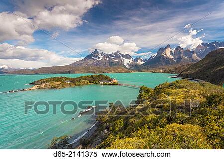 Chile, Magallanes Region, Torres del Paine National Park, Lago Pehoe, morning landscape with Hosteria Pehoe hotel. View Large Photo Image Stock Photography - Chile, Magallanes Region, Torres del Paine National Park, Lago Pehoe, morning landscape with Hosteria Pehoe hotel.. Fotosearch