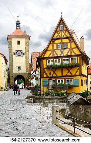 Clock Tower Street Arch Rothenburg Germany DE Franconia Bavaria. View Large Photo Image Stock Image - Clock Tower Street Arch Rothenburg Germany DE Franconia Bavaria.. Fotosearch