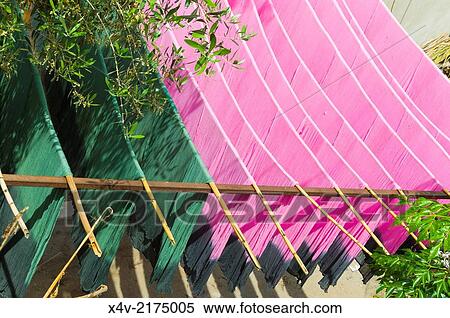 Stock Photography - Dyed cloth drying, Dyers Souks, Medina, Marrakech (Marrakesh), Morocco, North Africa, Africa.. Fotosearch