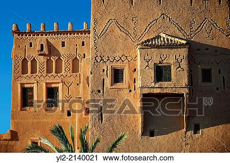 Stock Image - Exterior of the mud brick Kasbah of Taourirt, Ouarzazate, Morocco, built by Pasha Glaoui. A Unesco World Heritage Site.. Fotosearch