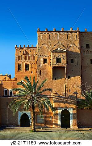 Stock Image - Exterior of the mud brick Kasbah of Taourirt, Ouarzazate, Morocco, built by Pasha Glaoui. A Unesco World Heritage Site.. Fotosearch