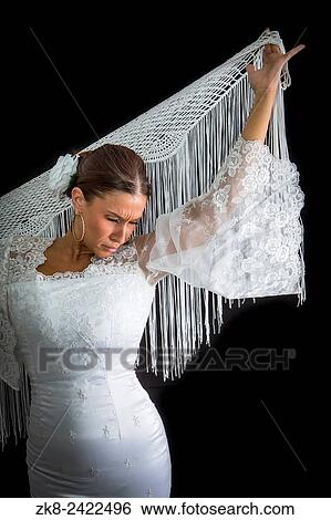 Flamenco dancer backs with white dress and hands crossed up on black background. View Large Photo Image Stock Photograph - Flamenco dancer backs with white dress and hands crossed up on black background.. Fotosearch