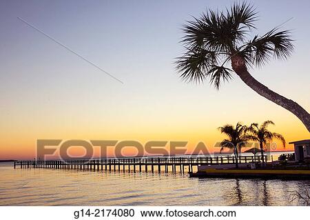 Stock Image - Florida, Charlotte Harbor, Port Charlotte, Peace River, sunset, dusk, water, pier, palm tree,.. Fotosearch