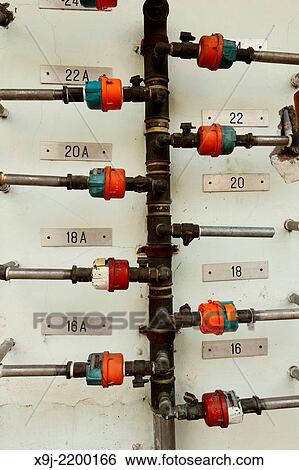 Stock Photograph - Gas meters on a house wall, Georgetown, Penang, Malaysia. Fotosearch