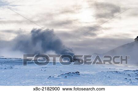 Stock Image - Geothermal area Hveraroend near lake Myvatn and the ring road during winter with mud pools, fumaroles and solfataras. europe, northern europe, scandinavia, iceland, February.. Fotosearch