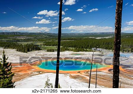 Stock Photography - Grand Prismatic Spring as seen from above. Part of the Midway Geyser Basin in Yellowstone National Park.. Fotosearch