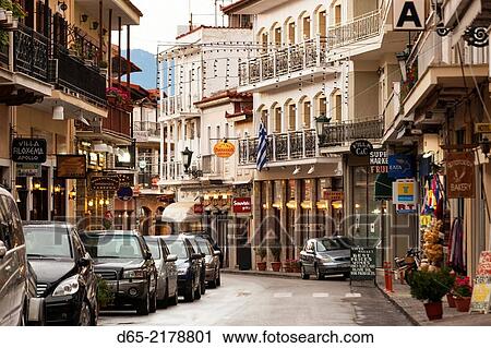 Greece, Central Greece Region, Delphi, town main street, dusk. View Large Photo Image Stock Image - Greece, Central Greece Region, Delphi, town main street, dusk.. Fotosearch