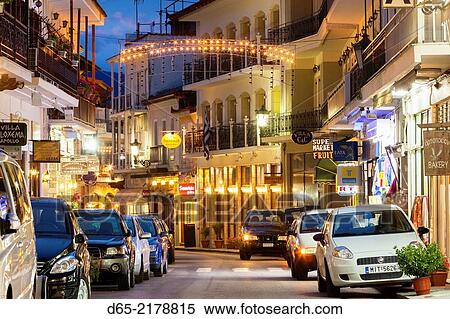 Greece, Central Greece Region, Delphi, town main street, dusk. View Large Photo Image Stock Photography - Greece, Central Greece Region, Delphi, town main street, dusk.. Fotosearch