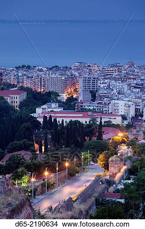 Greece, Central Macedonia Region, Thessaloniki, Upper Town, elevated city view, dawn. View Large Photo Image Picture - Greece, Central Macedonia Region, Thessaloniki, Upper Town, elevated city view, dawn.. Fotosearch