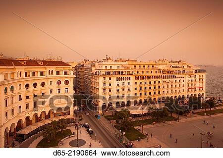 Greece, Central Macedonia Region, Thessaloniki, Aristotelous Square, buildlings, elevated view, dusk. View Large Photo Image Picture - Greece, Central Macedonia Region, Thessaloniki, Aristotelous Square, buildlings, elevated view, dusk.. Fotosearch