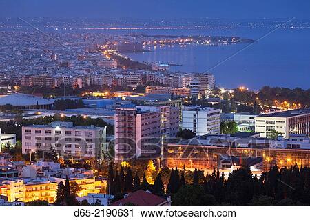 Stock Image - Greece, Central Macedonia Region, Thessaloniki, Upper Town, elevated city view, dawn.. Fotosearch