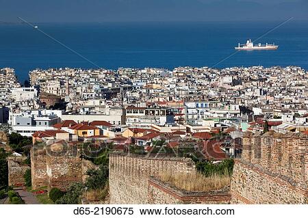 Greece, Central Macedonia Region, Thessaloniki, elevated city view from the Upper Town with ancient city ramparts, morning. View Large Photo Image Stock Photography - Greece, Central Macedonia Region, Thessaloniki, elevated city view from the Upper Town with ancient city ramparts, morning.. Fotosearch