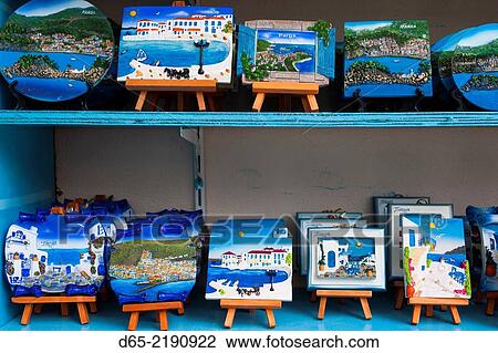 Stock Image - Greece, Epirus Region, Parga, miniature souvenir paintings.. Fotosearch