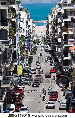 Greece, Peloponese Region, Patra, elevated city view over Agios Nikolaos Street. View Large Photo Image Stock Photography - Greece, Peloponese Region, Patra, elevated city view over Agios Nikolaos Street.. Fotosearch