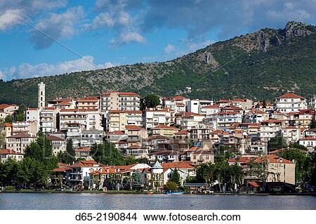 Greece, West Macedonia Region, Kastoria, town view by Lake Orestiada, morning. View Large Photo Image Picture - Greece, West Macedonia Region, Kastoria, town view by Lake Orestiada, morning.. Fotosearch