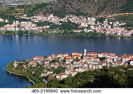 Greece, West Macedonia Region, Kastoria, elevated town view by Lake Orestiada from Moni Panagias monastery, morning. View Large Photo Image Stock Image - Greece, West Macedonia Region, Kastoria, elevated town view by Lake Orestiada from Moni Panagias monastery, morning.. Fotosearch