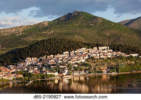 Greece, West Macedonia Region, Kastoria, elevated town view by Lake Orestiada from Agia Sotira church, dawn. View Large Photo Image Stock Photo - Greece, West Macedonia Region, Kastoria, elevated town view by Lake Orestiada from Agia Sotira church, dawn.. Fotosearch