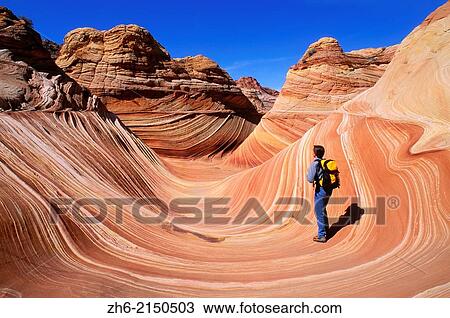 Hiker at The Wave in the Coyote Buttes, Paria Canyon-Vermilion Cliffs Wilderness, Arizona USA. View Large Photo Image Stock Image - Hiker at The Wave in the Coyote Buttes, Paria Canyon-Vermilion Cliffs Wilderness, Arizona USA.. Fotosearch