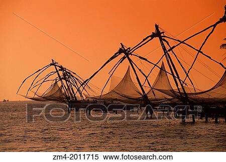 Stock Photography - INDIA, COCHIN, BAY, CHINESE FISHING NETS, SUNSET.. Fotosearch