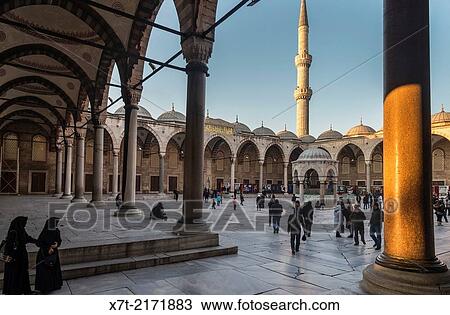 Stock Image - Interior courtyard of the Sultan Ahmet or Blue Mosque, Sultanahmet, Istanbul, Turkey.. Fotosearch