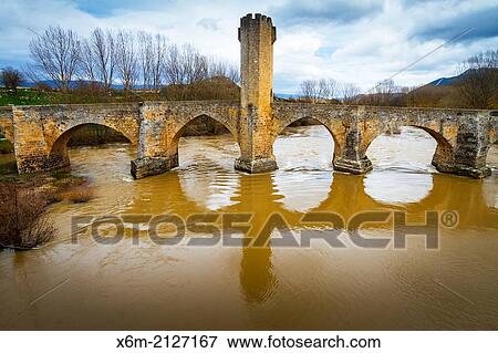 Stock Photo - Medieval bridge and Ebro river. Frias, Burgos, Castile and Leon. Spain, Europe.. Fotosearch