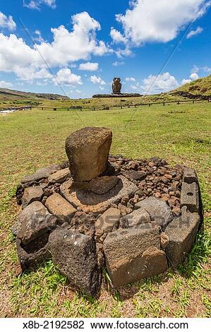 Stock Image - Moai at the restored ceremonial site of Ahu Nau Nau on Easter Island (Isla de Pascua, Rapa Nui), Chile.. Fotosearch