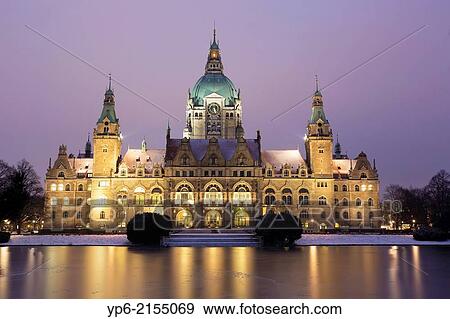 Stock Photo - New Town Hall in winter at night, Hannover, Lower Saxony, Germany.. Fotosearch