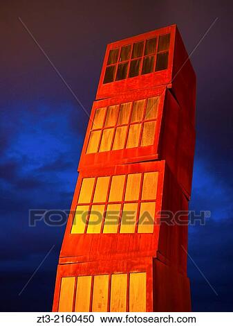 Stock Image - Night view of Sculpture on Barceloneta Beach in Barcelona, Catalonia, Spain.. Fotosearch