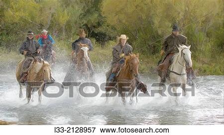 Oil painting of cowboys galloping in river. View Large Photo Image Stock Photo - Oil painting of cowboys galloping in river.. Fotosearch