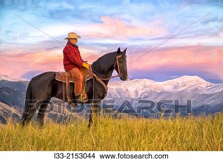 Oil painting of Montana cowboy at dawn View Large Photo Image Picture - Oil painting of Montana cowboy at dawn. Fotosearch