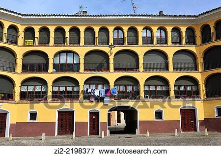 Stock Photo - Old bullring, XVIIIth century, nowadays housings, Tarazona, Zaragoza province, Spain. Fotosearch
