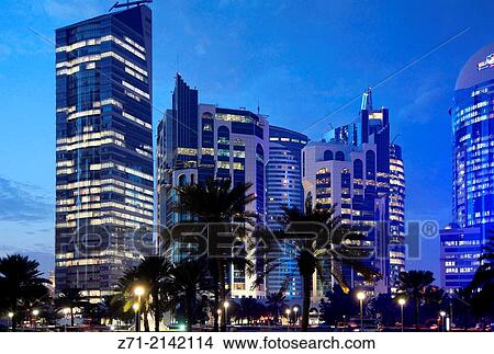 Qatar, Doha, West Bay, business district, skyline,. View Large Photo Image Picture - Qatar, Doha, West Bay, business district, skyline,.. Fotosearch