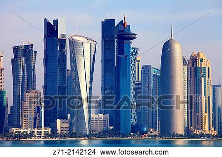 Qatar, Doha, West Bay, business district, skyline,. View Large Photo Image Picture - Qatar, Doha, West Bay, business district, skyline,.. Fotosearch