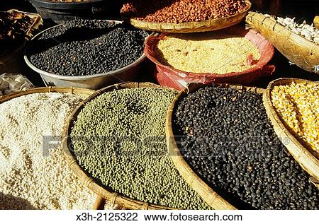 Stock Image - seeds and beans display at the market, Sumatra island, Republic of Indonesia, Southeast Asia and Oceania.. Fotosearch