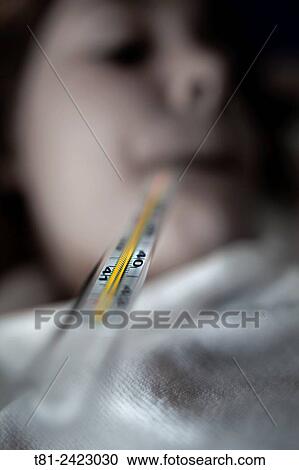 Sick little girl with thermometer in mouth View Large Photo Image Stock Image - Sick little girl with thermometer in mouth. Fotosearch