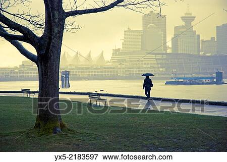 Stock Photo - Sidewalk along the Coal Harbour shore in Stanley Park, Vancouver, BC.. Fotosearch