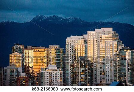 skyline condo towers at sunset on the north shore of False Creek, Vancouver, BC, Canada. View Large Photo Image Stock Image - skyline condo towers at sunset on the north shore of False Creek, Vancouver, BC, Canada.. Fotosearch