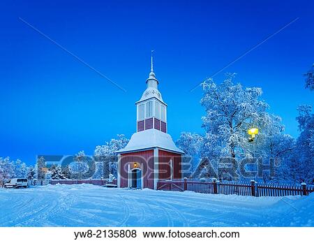 Stock Photo - Small Wooden Church in Jukkasjarvi, Lapland, Sweden.. Fotosearch