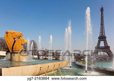Picture - Trocadero gardens and Eiffel tower, Paris, Ile-de-france, France.. Fotosearch