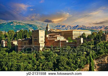 Stock Photo - View of the Moorish Islmaic Alhambra Palace comples and fortifications. Granada, Andalusia, Spain.. Fotosearch