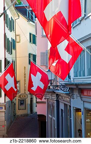 A decorative narrow street in Zurich, Switzerland. View Large Photo Image Stock Image - A decorative narrow street in Zurich, Switzerland.. Fotosearch