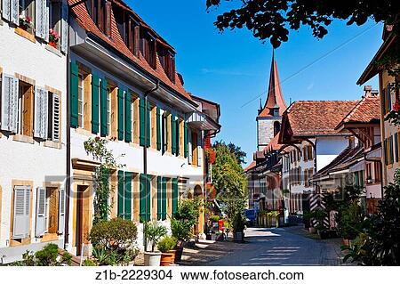 A quaint street in the town of Murten, Switzerland. View Large Photo Image Picture - A quaint street in the town of Murten, Switzerland.. Fotosearch